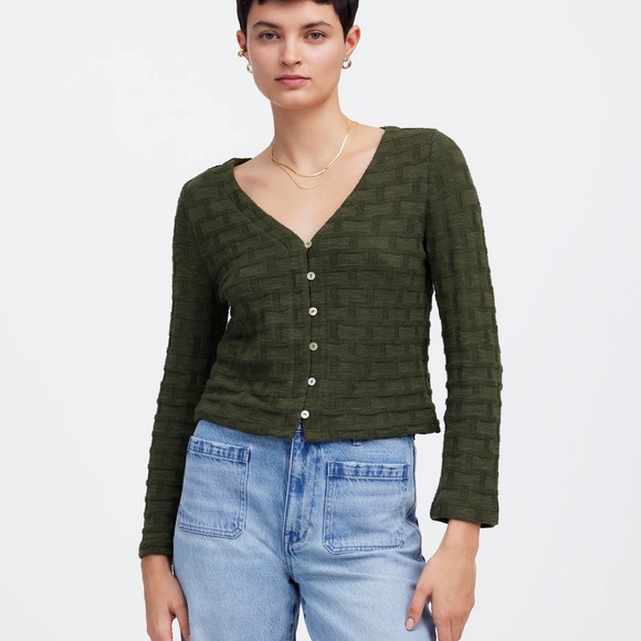 FLAW with Tags Madewell Basket-Weave Stitch Long-Sleeve Sweater Tee Green XS - Picture 3 of 11